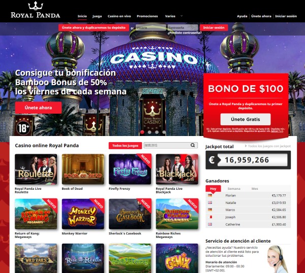 Página web e interfaces de Royal Panda Casino